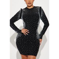 Dynamite Long Sleeve Rhinestone Mini Dress - XS / Black Chic Rhinestone Bodycon Dress For Night Out, Bedazzled Mini Dress For Party Season Night Out, Fitted Bedazzled Mini Dress For Night Out, Mini Length Bodycon Dress With Rhinestones For Night Out, Glamorous Embellished Mini Dress For Winter, Black Mini Dress With Rhinestones For Party Season, Chic Sequin Dress With Rhinestones, Chic Mini Dress With Rhinestones For Club, Black Bodycon Dress With Rhinestones For Night Out