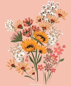 a bunch of flowers that are on a pink background