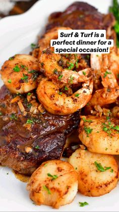 steak, shrimp and asparagus on a white plate