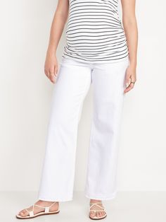 full panel stretches over belly faux fly scoop pockets at front patch pockets at back loose through hip and thigh wide leg (leg opening approximately 10. 38”) hit below ankle 31" inseam model is approximately 5'9" and is wearing a size M (8) Lily White, Old Navy Maternity, Womens Maternity, Jeans White, Wide Leg Jeans, Patch Pocket, Leg Jeans, White Jeans, Size 16