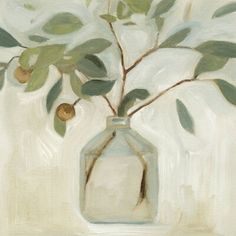 an oil painting of a vase with leaves in it