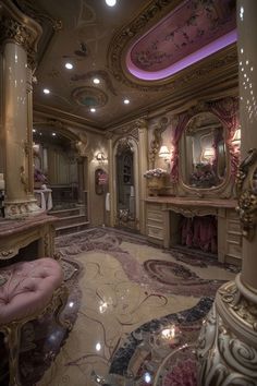 an elaborately decorated bathroom is shown in pink and gold colors, with marble flooring