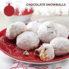 chocolate snowball cookies on a red plate