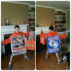 two pictures of a young boy holding up pokemon posters and a dog standing next to him