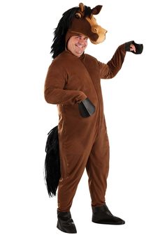 a man in a horse costume is smiling and pointing at the camera with his right hand