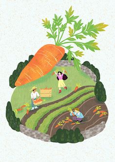 an illustration of people sitting on a bench in the park with a large carrot above them