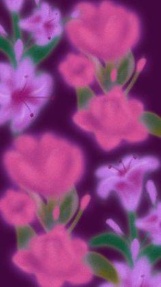 pink flowers with green leaves on a purple background