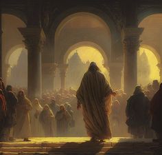 a painting of jesus walking through a crowd of people in an old building with arches