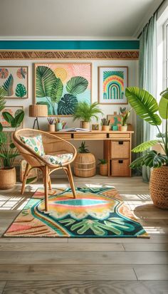 a living room with plants and pictures on the wall, including a wicker chair