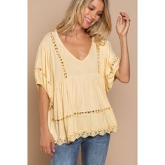 Pol Soft Yellow V Neck Short Puff Sleeves Babydoll Top Relaxed Fit The Pol “Taking Lace Away” Boho Babydoll Blouse Is A Fun, Casual, Breezy Top For The Spring & Summer. Seriously Soft With A V Neckline, Cute Puff Sleeves & Flowy Silhouette , You Can’t Help But Smile When You Have On This Ray Of Sunshine. It’s All Boats, Beaches, Lakes, Bbq’s, Pools & Fun In The Sun. Features Made With Pol’s Famously Soft Rayon Jersey Flowy Boho Knit Babydoll Top Low V Neckline See Through Lace Detail On Bust, Sl Cute Beige V-neck Top, Cute Yellow Top For Brunch, Cute Yellow Spring Blouse, Casual Yellow Tops With Lace Trim, Lace Camisole Top, Boho Knit, Multicolor Knit, Lace Tunic Tops, Plaid Hoodie