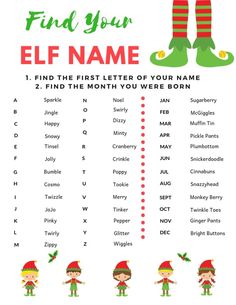 the elf name game is shown in red and green with elves on it, which are also