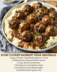 the recipe for slow cooker salisbury steak meatballs on mashed potatoes