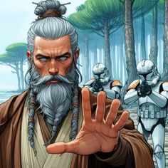 the star wars characters are standing in front of some trees and one is holding his hand up