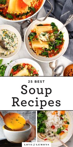 the cover of 25 best soup recipes by love & lemony, with pictures of different dishes