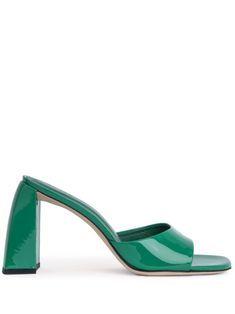 clover green calf leather patent finish slip-on style square open toe branded leather insole 100mm block heel leather outsole Spring Green Mules With Sculpted Heel, Green Sandals With Contrasting Heel Counter, Luxury Green Open Heel Heels, Green Sandals With Sculpted Heel, Green Sandals With Sculpted Open Heel, Green Open Toe Formal Mules, Modern Green Sandals With Branded Heel Counter, Green Sandals With Sculpted Block Heel, Green High Heel Mules With Padded Heel