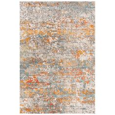 an area rug with various colors and patterns on it, including oranges, greys,