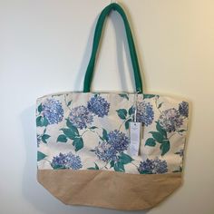 New With Tags Blue Canvas Bag For Spring, Blue Beach Bag For Everyday Spring Use, Blue Beach Bag For Everyday Use In Spring, Blue Everyday Beach Bag For Spring, Chic Blue Beach Bag For Spring, Blue Large Capacity Beach Bag For Spring, Shabby Chic Bags, Floral Tote Bag, Chic Bags