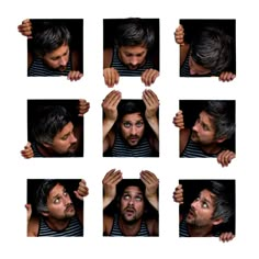 multiple images of a man making faces with his hands