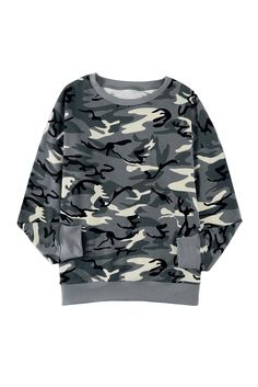 Green Camouflage Pullover Sweatshirt with Slits Fall Camouflage Crew Neck Sweatshirt, Camouflage Crew Neck Tops For Winter, Winter Camouflage Crew Neck Tops, Casual Camouflage Fall Tops, Camouflage Cotton Tops With Pockets, Camouflage Cotton Top With Pockets, Camouflage Crew Neck Top For Fall, Fall Camouflage Crew Neck Top, Cotton Camouflage Tops With Pockets