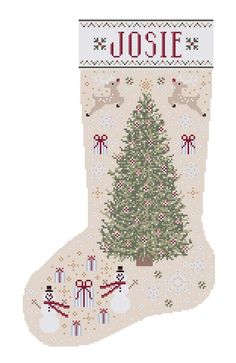 a cross stitch christmas stocking with a tree and presents on the stockings that says josie