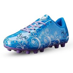 a blue soccer shoe with purple laces and flowers on the bottom, in front of a white background