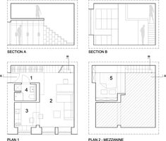 four diagrams showing the different sections of a house, including floor plan and section b