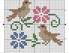 a cross stitch pattern with two dogs and flowers on the bottom, one is pink