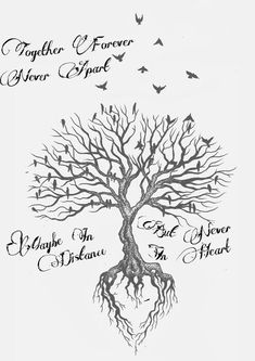 a drawing of a tree with many branches and birds flying around it, in the shape of a heart