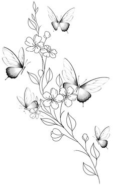 three butterflies flying over some flowers on a white background