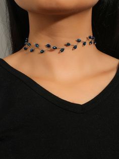 Free Returns ✓ Free Shipping On Orders $49+ ✓. Crystal Decor Choker- Necklaces at SHEIN. Navy Blue Jewelry, Waterfall Necklace, Blue Choker, Flower Charm Necklace, Chocker Necklace, Stone Choker, Blue Accessories, Mens Silver Necklace