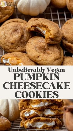 pumpkin cheesecake cookies are stacked on top of each other with the words, unbelevably vegan pumpkin cheesecake cookies