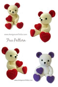 crocheted teddy bears with hearts are shown in three different colors and sizes, one is white, the other is red