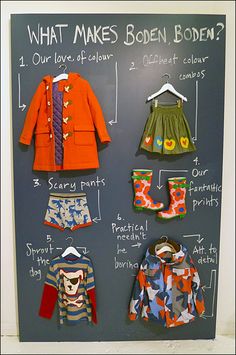 a chalk board with clothes hanging on it's side and the words, what makes boden?