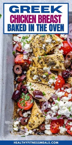 Greek Chicken Breast Baked in the Oven with Feta is an easy low carb, keto friendly dinner! This moist, tender chicken is marinated in a bright lemon herb mix, making it a perfect low-carb, keto-friendly dinner for any night. Topped with salty, melty feta cheese, colorful sweet red onions, and sliced Kalamata olives, this dish is further enhanced by rich grape tomatoes that add a delightful crunch and acidity. A delicious, flavorful meal your family will love! Chicken Breast Baked, Greek Chicken Breast, Oven Baked Chicken Tenders, Baked Greek Chicken, Feta Cheese Recipes, Fitness Meals, Creamy Chicken Soup, Greek Lemon Chicken, Chicken Pasta Bake