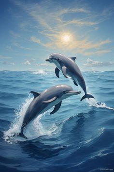 two dolphins jumping out of the water in front of a bright sun and blue sky