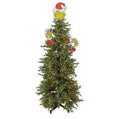 a tall christmas tree with lights and grino hats on it's top, in front of a white background