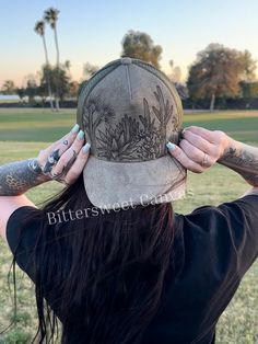 These are hand burned trucker hats, slight curved bill.  sealed to protect from weather, I advise hand wash only to ensure a long life. They're adjustable SnapBack and work fo a 17-22" head size. One of a kind! Mesh back*most hats are made to order and will differ slightly from listing photo Cactus Hat, Hat Burning, Hiking Hat, Hand Burn, Hat Custom, Desert Cactus, Phoenix Az, Long Life, Trucker Hats