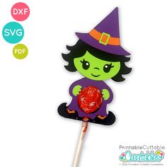 a green witch holding a red lollipop on top of a wooden stick with the words dxf svg