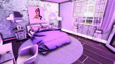 a bedroom with a bed, desk and chair in purple tones on the walls is shown