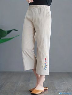 Orcajump - Floral Embroidered Pants, Elegant High Waist Wide Leg Cropped Pants, Women's Clothing Casual Embroidered Beige Bottoms, Beige Wide Leg Cotton Capris, Wide Leg Beige Cotton Capris, Embroidered Cotton Ankle-length Pants, Spring Embroidered Ankle-length Bottoms, Embroidered Wide Leg Bottoms For Spring, Embroidered Wide Leg Trousers For Spring, Spring Embroidered Wide Leg Bottoms, Casual Floral Embroidered Pants For Spring