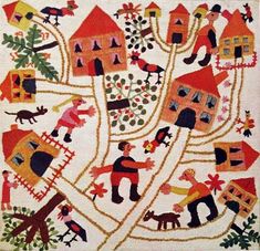 an old rug with houses and people on it