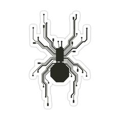 a black and white image of a spider on a circuit board sticker, with the words