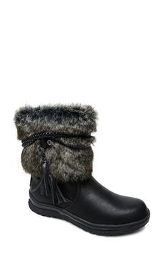 Tassel details and faux-fur trim add cozy-chic touches to this water-resistant pull-on boot. Style Name:Minnetonka Everett Water Resistant Faux Fur Boot (Women). Style Number: 5944203. Available in stores. Fall Boots With Faux Fur Trim And Synthetic Material, Synthetic Boots With Faux Fur Trim For Fall, Winter Faux Fur Boots For Cold Weather, Casual Faux Fur Boots For Cold Weather, Winter Boots With Plush Lining And Faux Fur, Fur Boots Nordstrom, Winter Faux Fur Boots With Plush Lining, Black Boots With Faux Fur Trim, Luxury Faux Fur Winter Boots