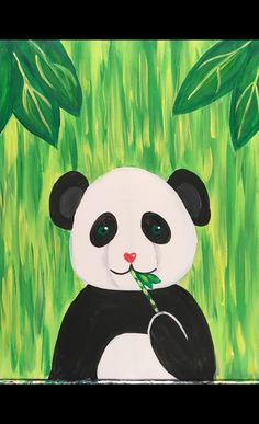 a painting of a panda bear holding a bamboo plant in front of some green grass