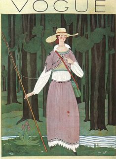 a woman in a pink dress and hat holding a fishing pole while standing in the woods