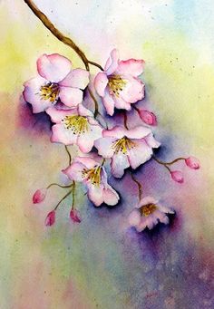 a painting of pink flowers on a branch