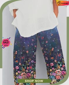 Floral Shift Printed Polyester Vintage Summer Blue Pants Blue Relaxed Fit Wide-leg Bottoms, Blue Relaxed Fit Wide-leg Pants, Spring Blue Wide-leg Pants, Blue Bottoms For Spring, Blue Straight-leg Bottoms For Spring, Blue Trousers For Spring, Blue Pants For Spring, Blue Ankle-length Bottoms With Pockets, Casual Blue Straight Pants