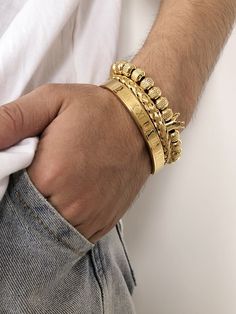 Gold Fashionable   Stainless Steel  Bangle,Cuff Embellished   Jewelry Male Bracelets Gold For Men, Men’s Bracelets In Gold, Luxury Polished Gold Bracelet For Men, Luxury Men's Gold Chain Bracelets, Mens Golden Bracelet, Gold Bracelets For Men, Mens Bracelet Set, Gym Joggers, Mens Bling