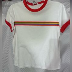 Nwt Forever 21 Rainbow Striped White Tee With Red Collar And Sleeve Detailing. Size Small. No Defects, Stains, Or Tears! Red Color Block T-shirt For Summer, White Color Block Graphic Tee Top, White Color Block Graphic Tee, Retro Color Block T-shirt For Summer, Retro Color Block T-shirt For Spring, Retro Spring Color Block T-shirt, Spring Retro Color Block T-shirt, Forever 21 White Short Sleeve T-shirt, Red Forever 21 Crew Neck Top