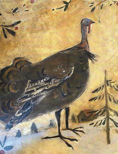 a painting of a turkey standing in the middle of a snowy area with trees and leaves